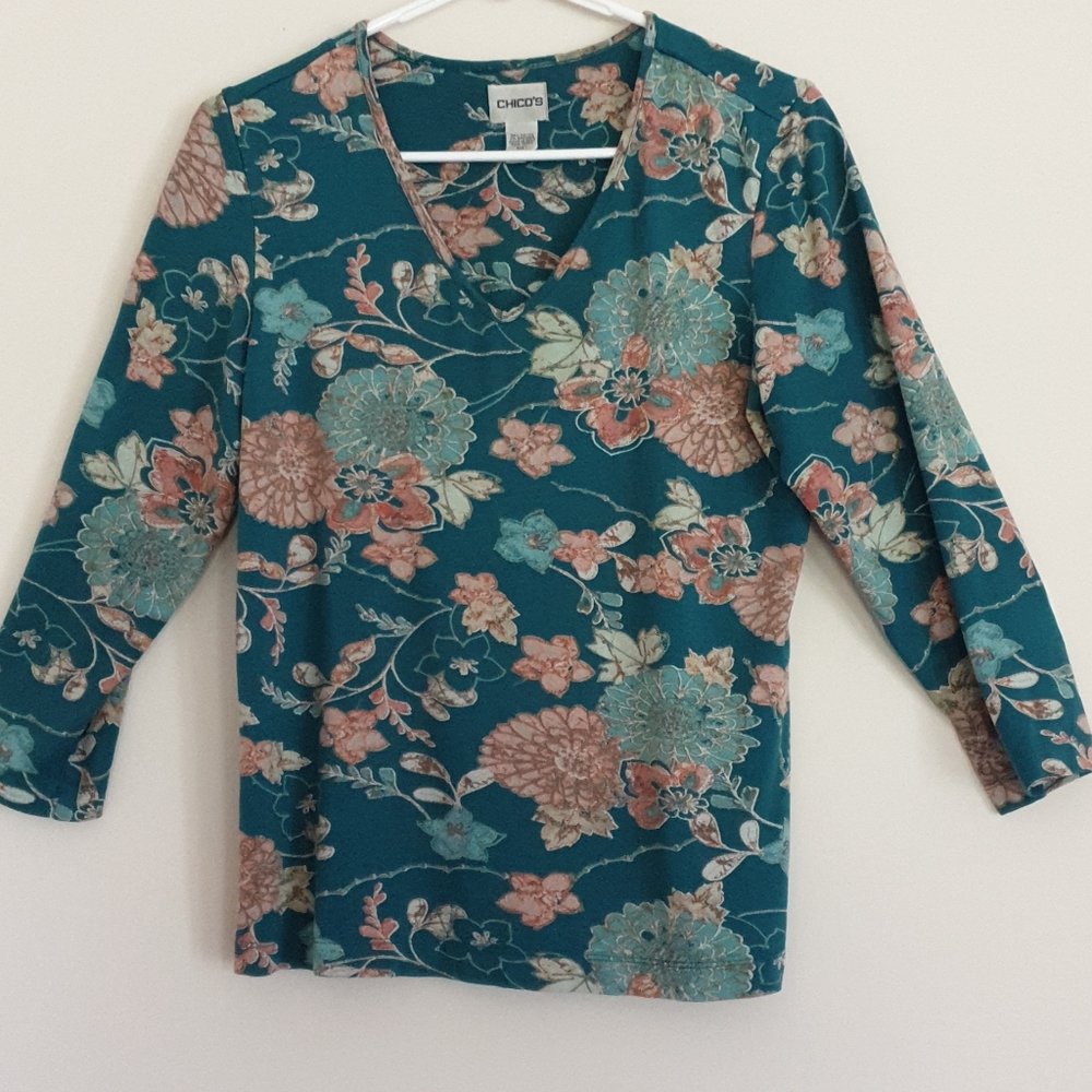 Chico's  Turquoise Floral Long Sleeve T
